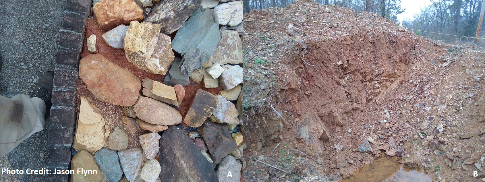 A) Looking at a contrast between Kiokee and Belair subsoil types on display. B) A fleeting glimpse of Belair belt subsoil and bedrock during utility work that is now filled in.