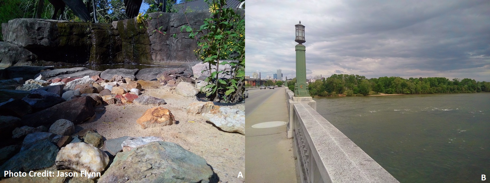 A) Fall Line area of the SC Geologic Garden B) Fall line rapids of the Congaree River beside downtown Columbia. The white caps at a high-water time cover the rocky bottom. Note the calmer water down river easing into the flatter Coastal Plain