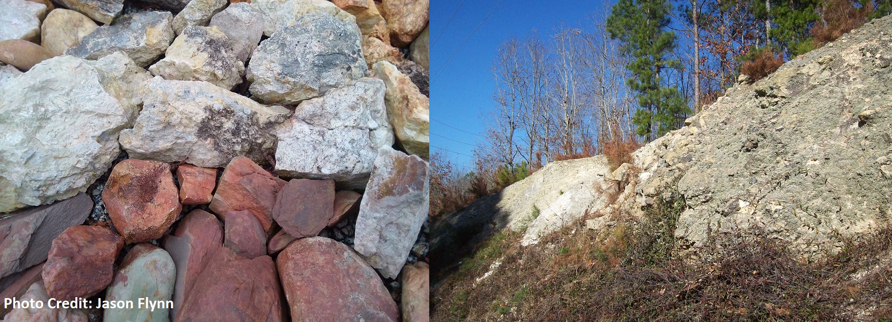 Red Fanglomerates and rocks from the edge of the only exposed Triassic rift basin exposed in South Carolina on display. Evidence of continental separation