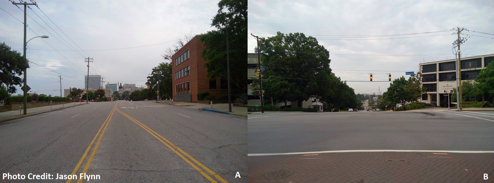 A)On Main St. in downtown Columbia, near the junction of the Piedmont and Coastal Plain. B)The opposite direction on Main St. with UofSC in the Coastal Plain in the distance that sits on land that was in, or near, what was once the edge of the ocean.