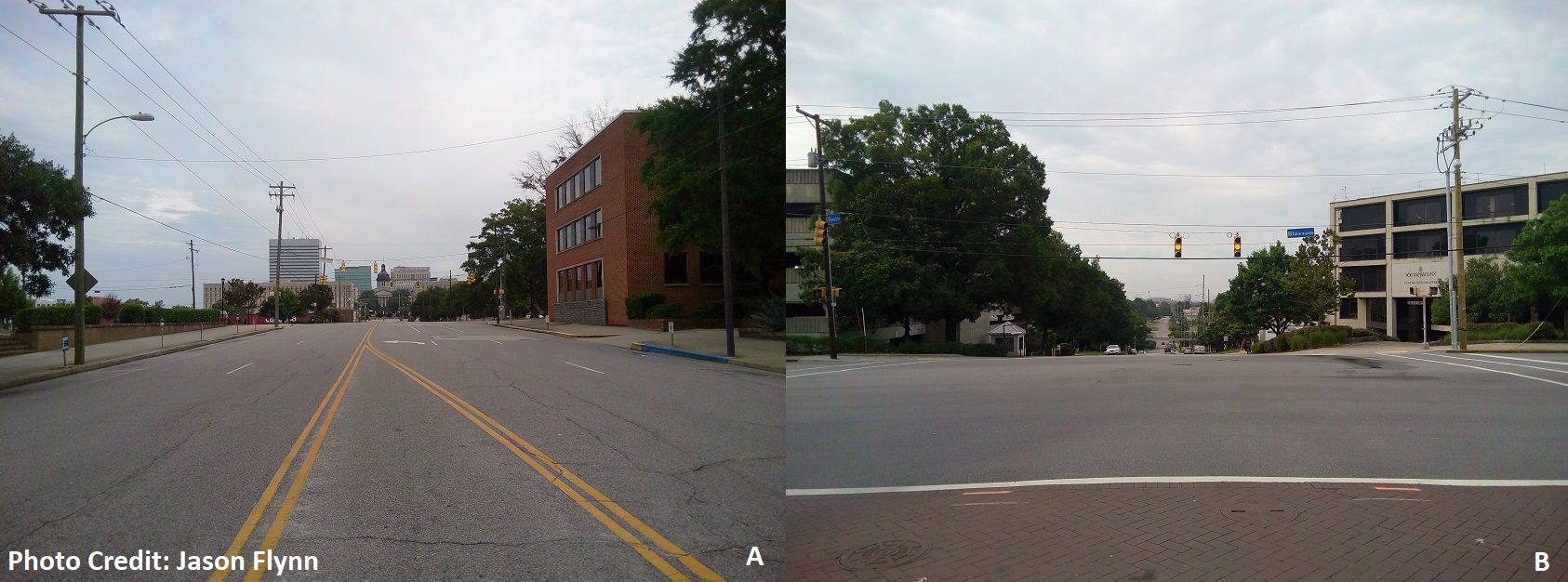 A)On Main St. in downtown Columbia, near the junction of the Piedmont and Coastal Plain. B)The opposite direction on Main St. with UofSC in the Coastal Plain in the distance that sits on land that was in, or near, what was once the edge of the ocean. A)On Main St. in downtown Columbia, near the junction of the Piedmont and Coastal Plain. B)The opposite direction on Main St. with UofSC in the Coastal Plain in the distance that sits on land that was in, or near, what was once the edge of the ocean.