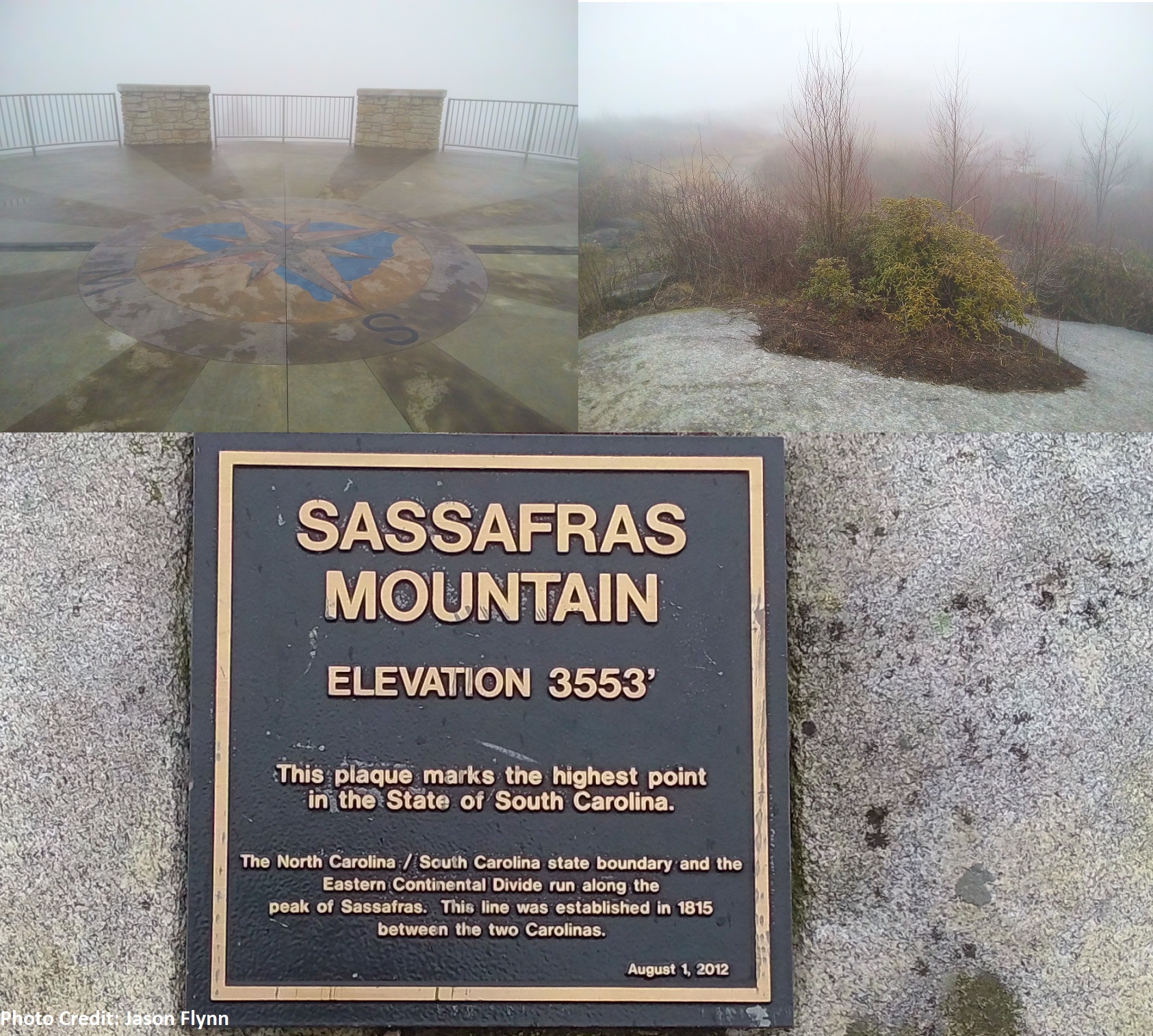Sassafras mountain – The highest point in SC – The peak shares the border with NC and is composed mostly of the metamorphic rock gneiss. Located in Pickens County it is part of the Inner Piedmont Belt, within the Blue Ridge geographic area of the state.