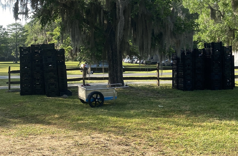 Brookgreen Gardens' Spring 2023 Plant Sale crates and one remaining wagon