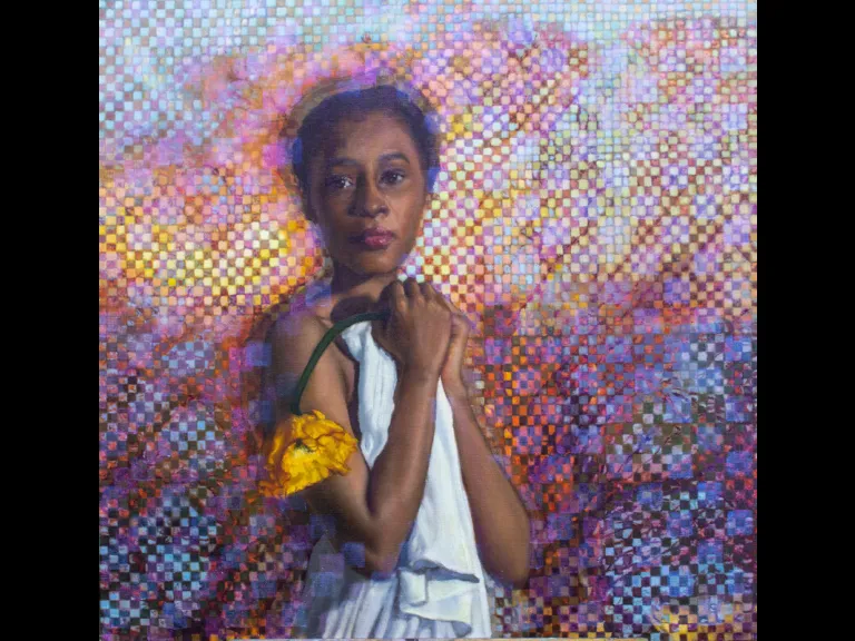 Jamie Lindholm painting - Young black woman holding a flower